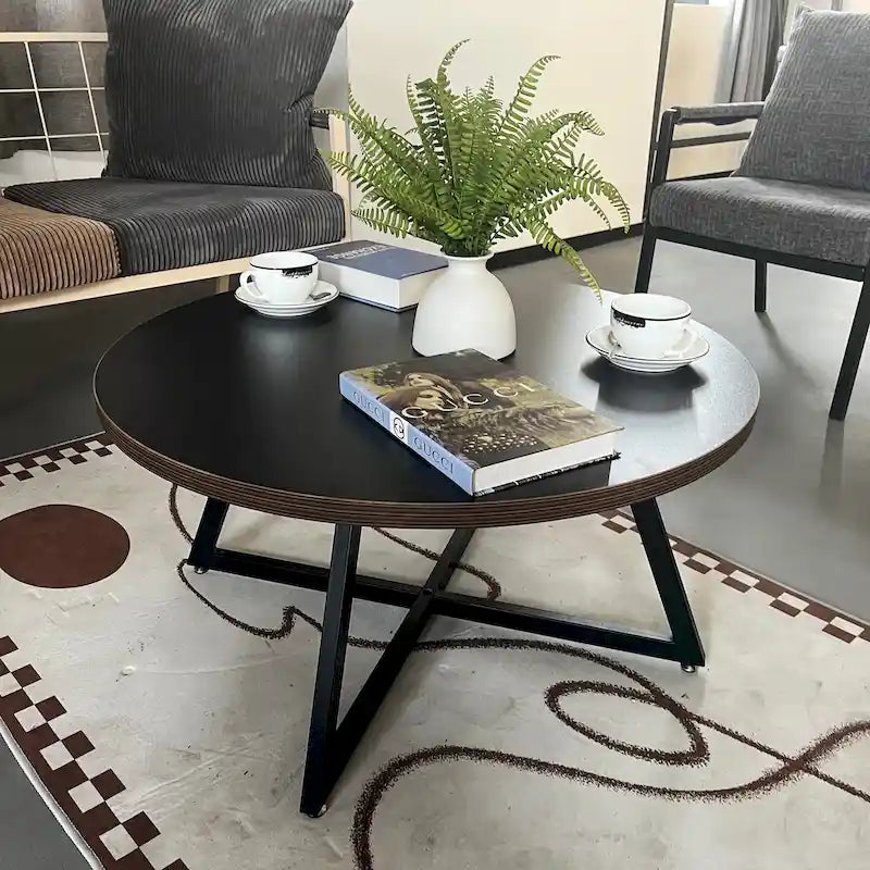 Table basse ronde moderne noire/marron avec pieds en métal en X et plateau en bois vieilli
