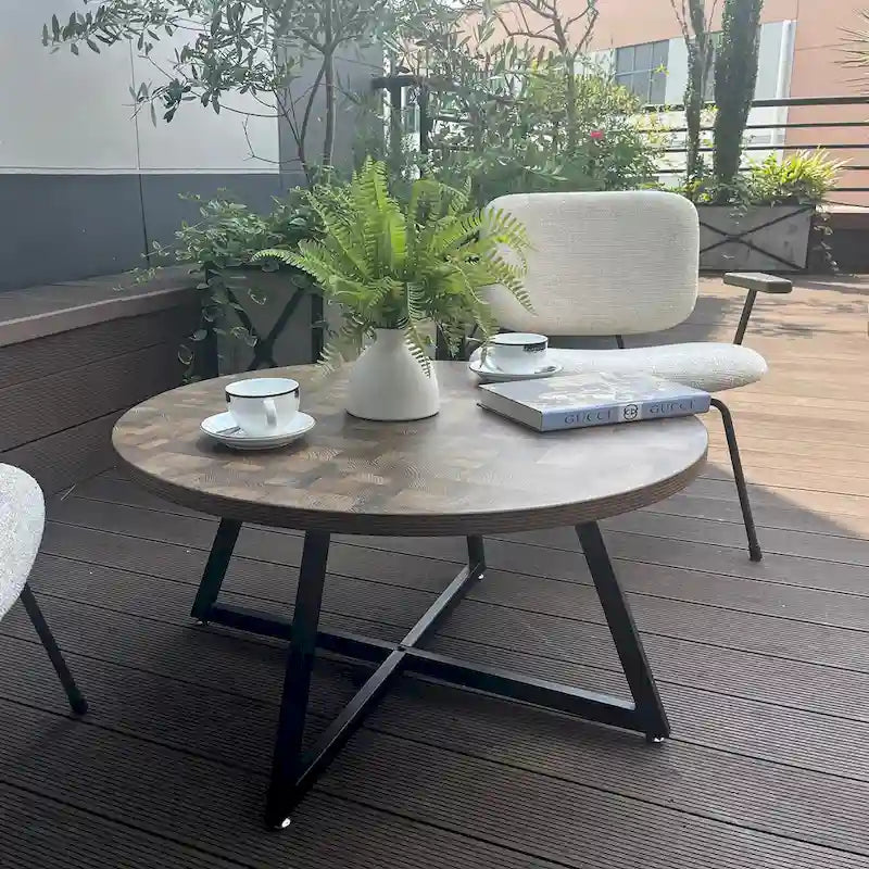 Table basse ronde moderne noire/marron avec pieds en métal en X et plateau en bois vieilli