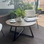 Table basse ronde moderne noire/marron avec pieds en métal en X et plateau en bois vieilli