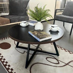 Table basse ronde moderne noire/marron avec pieds en métal en X et plateau en bois vieilli