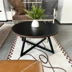 Table basse ronde moderne noire/marron avec pieds en métal en X et plateau en bois vieilli