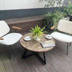 Table basse ronde moderne noire/marron avec pieds en métal en X et plateau en bois vieilli