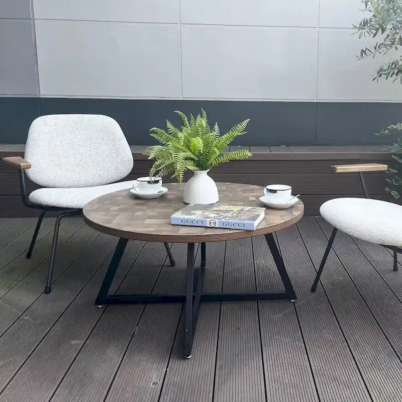 Table basse ronde moderne noire/marron avec pieds en métal en X et plateau en bois vieilli