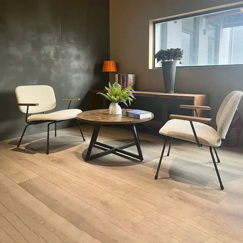 Table basse ronde moderne noire/marron avec pieds en métal en X et plateau en bois vieilli
