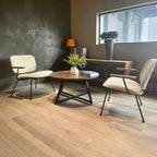 Table basse ronde moderne noire/marron avec pieds en métal en X et plateau en bois vieilli
