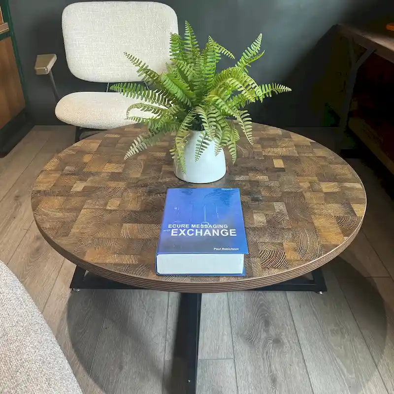 Table basse ronde moderne noire/marron avec pieds en métal en X et plateau en bois vieilli