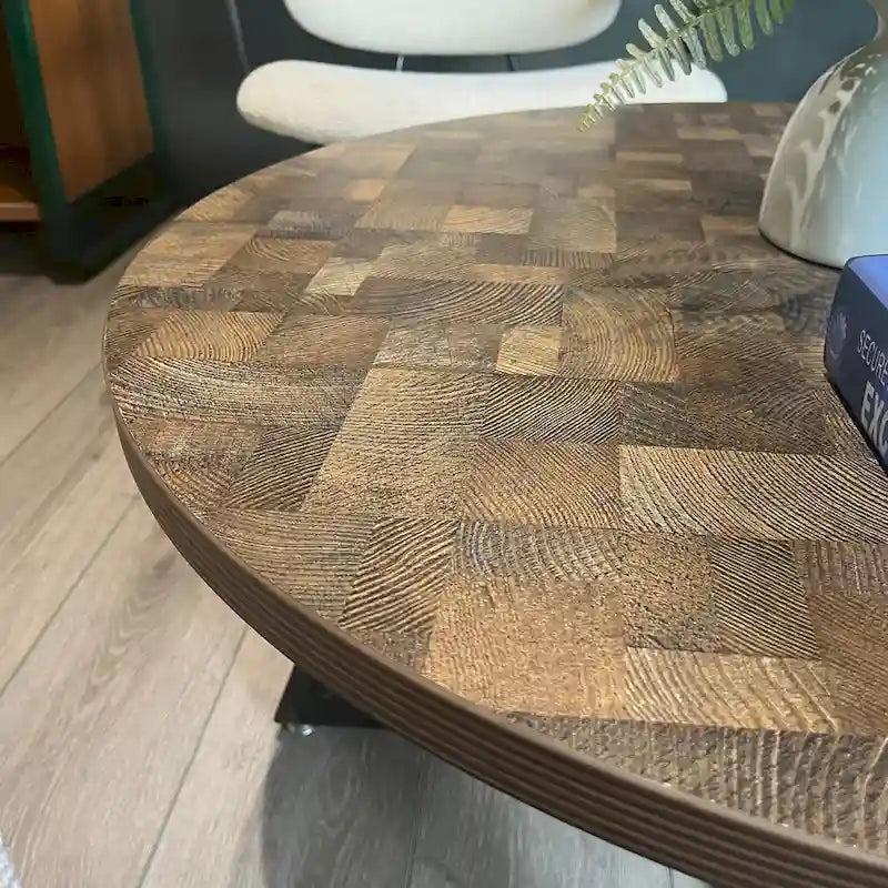 Table basse ronde moderne noire/marron avec pieds en métal en X et plateau en bois vieilli