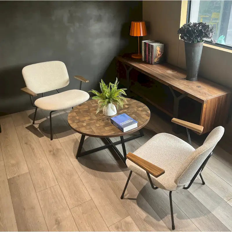 Table basse ronde moderne noire/marron avec pieds en métal en X et plateau en bois vieilli