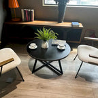 Table basse ronde moderne noire/marron avec pieds en métal en X et plateau en bois vieilli