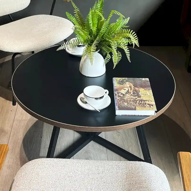 Table basse ronde moderne noire/marron avec pieds en métal en X et plateau en bois vieilli