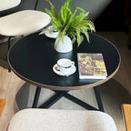 Table basse ronde moderne noire/marron avec pieds en métal en X et plateau en bois vieilli