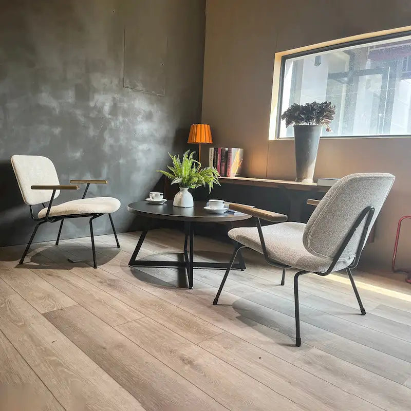 Table basse ronde moderne noire/marron avec pieds en métal en X et plateau en bois vieilli