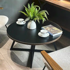 Table basse ronde moderne noire/marron avec pieds en métal en X et plateau en bois vieilli