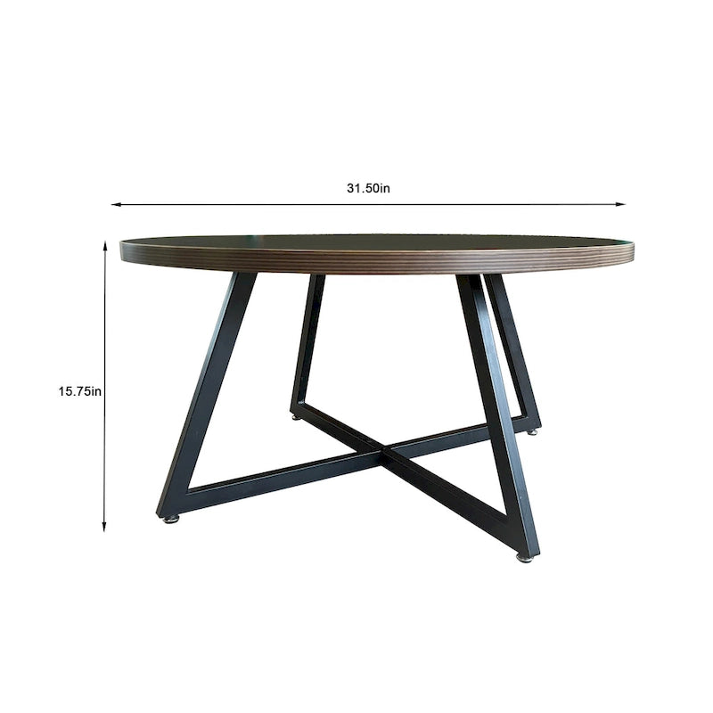Table basse ronde moderne noire/marron avec pieds en métal en X et plateau en bois vieilli