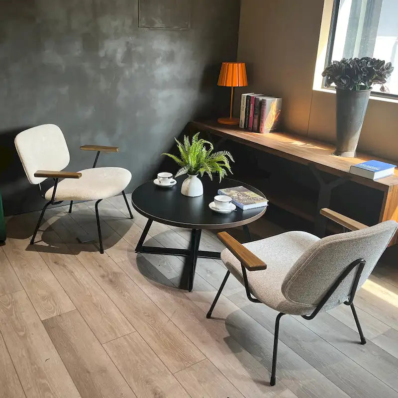 Table basse ronde moderne noire/marron avec pieds en métal en X et plateau en bois vieilli