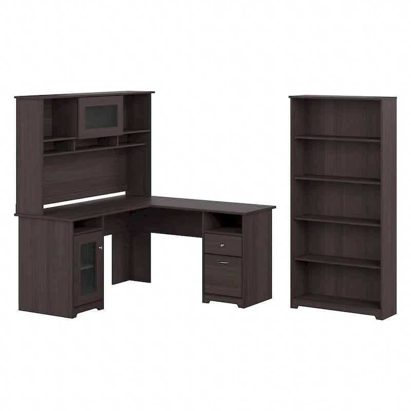 Bureau d'angle avec huche et bibliothèque à 5 étagères, gris chiné/chêne expresso/blanc et plus, 152 cm