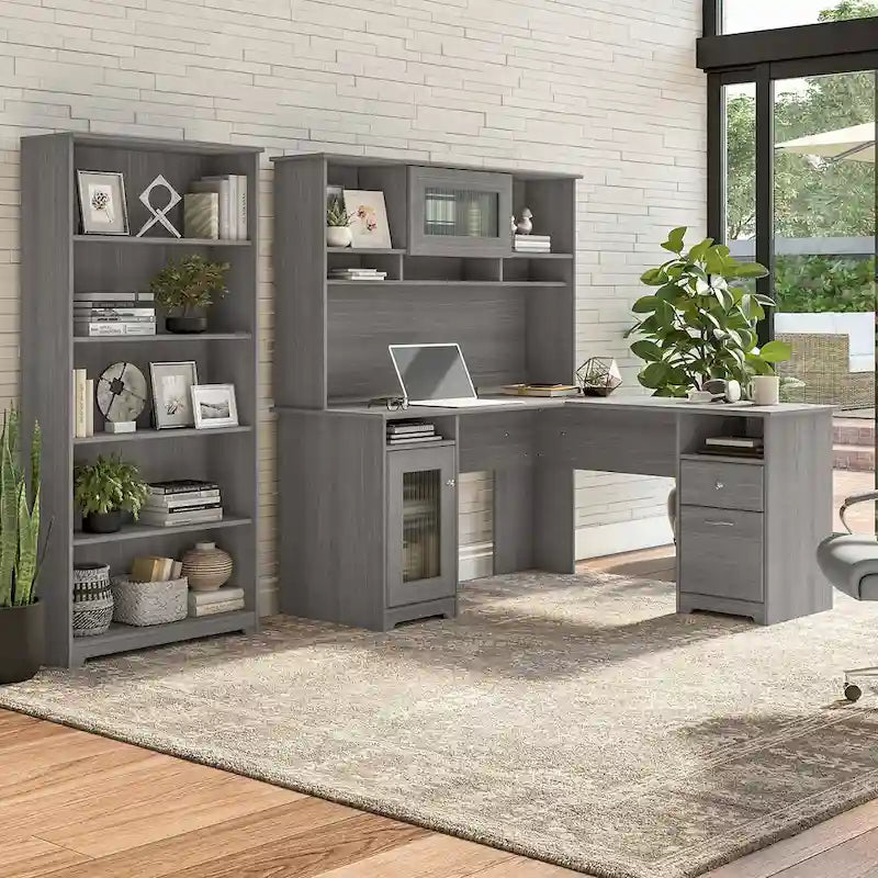 Bureau d'angle avec huche et bibliothèque à 5 étagères, gris chiné/chêne expresso/blanc et plus, 152 cm