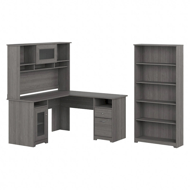 Bureau d'angle avec huche et bibliothèque à 5 étagères, gris chiné/chêne expresso/blanc et plus, 152 cm