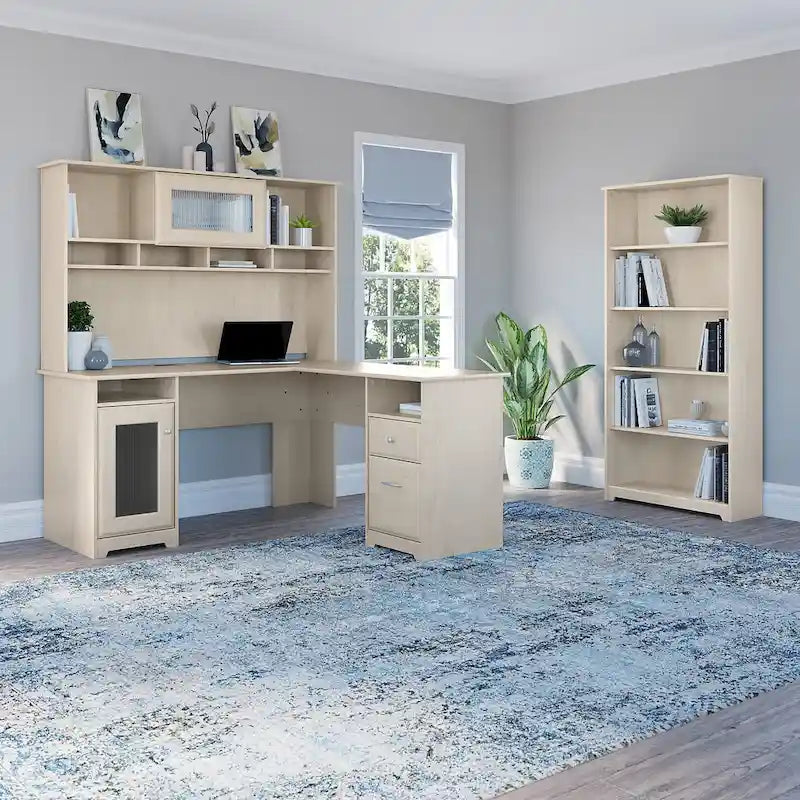 Bureau d'angle avec huche et bibliothèque à 5 étagères, gris chiné/chêne expresso/blanc et plus, 152 cm
