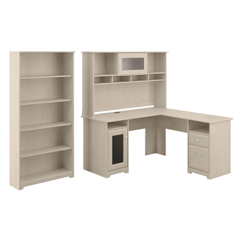 Bureau d'angle avec huche et bibliothèque à 5 étagères, gris chiné/chêne expresso/blanc et plus, 152 cm