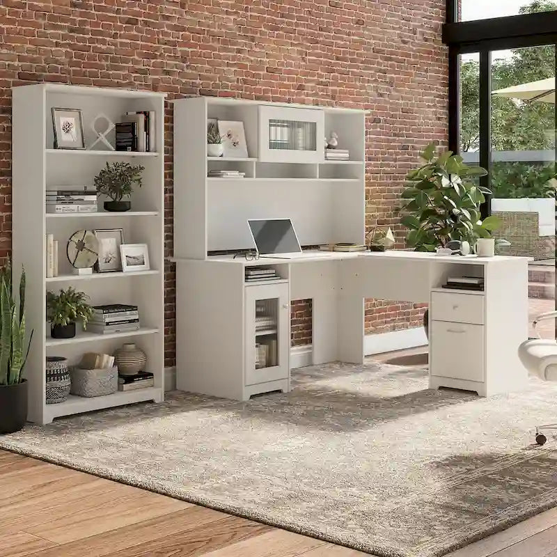 Bureau d'angle avec huche et bibliothèque à 5 étagères, gris chiné/chêne expresso/blanc et plus, 152 cm