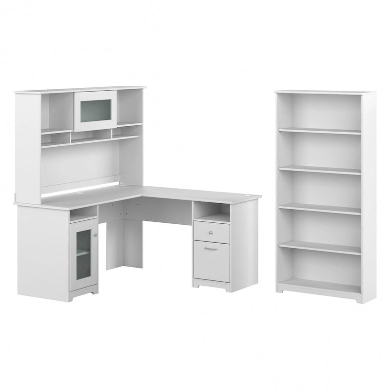 Bureau d'angle avec huche et bibliothèque à 5 étagères, gris chiné/chêne expresso/blanc et plus, 152 cm