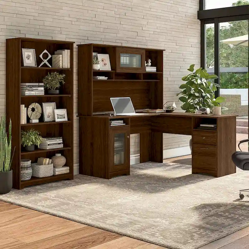 Bureau d'angle avec huche et bibliothèque à 5 étagères, gris chiné/chêne expresso/blanc et plus, 152 cm
