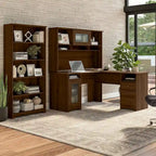 Bureau d'angle avec huche et bibliothèque à 5 étagères, gris chiné/chêne expresso/blanc et plus, 152 cm