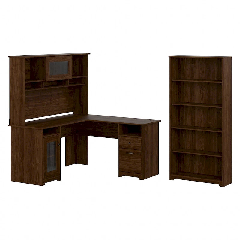 Bureau d'angle avec huche et bibliothèque à 5 étagères, gris chiné/chêne expresso/blanc et plus, 152 cm