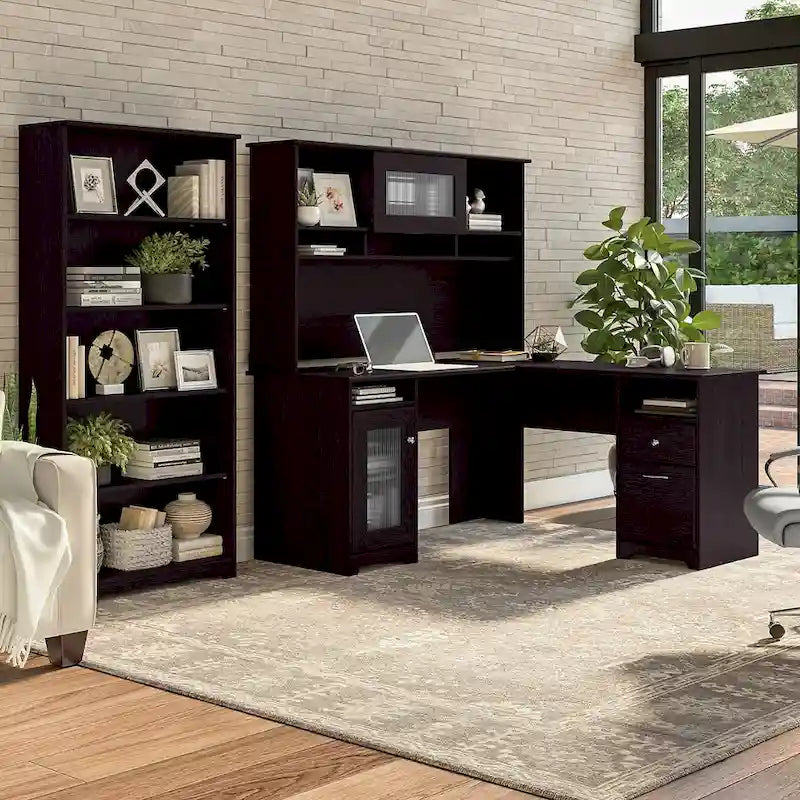 Bureau d'angle avec huche et bibliothèque à 5 étagères, gris chiné/chêne expresso/blanc et plus, 152 cm