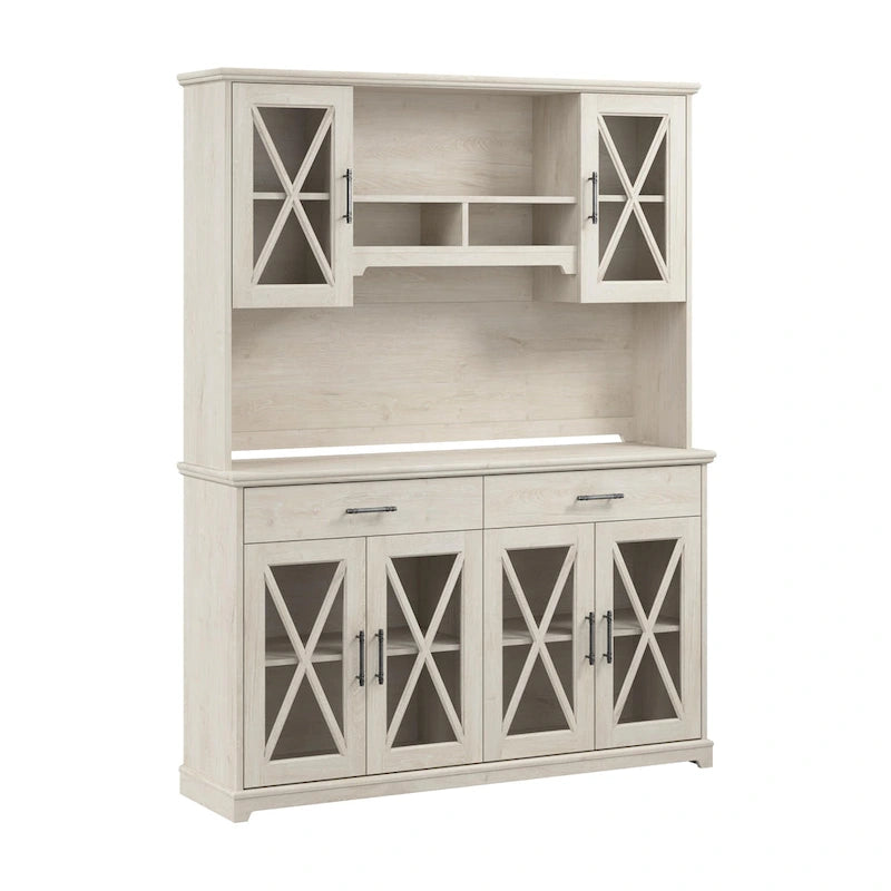 Linen White Oak Farmhouse Sideboard Buffet Cabinet with Hutch & Tempered Glass Doors, 60"
