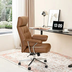Chaise de bureau ergonomique pivotante à dossier haut, en cuir synthétique couleur camel, capitonnée, réglable, une seule unité