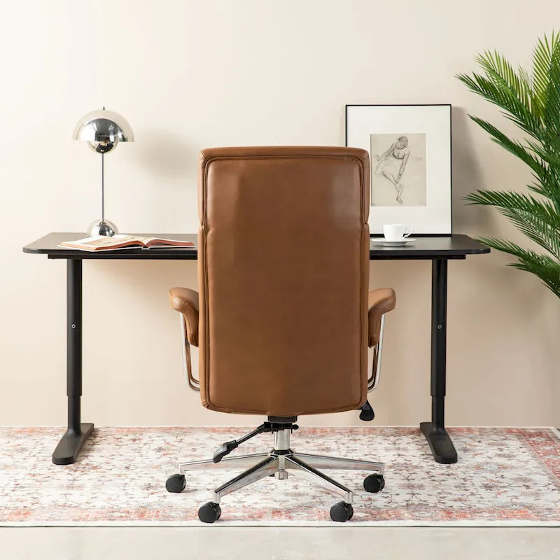 Chaise de bureau ergonomique pivotante à dossier haut, en cuir synthétique couleur camel, capitonnée, réglable, une seule unité