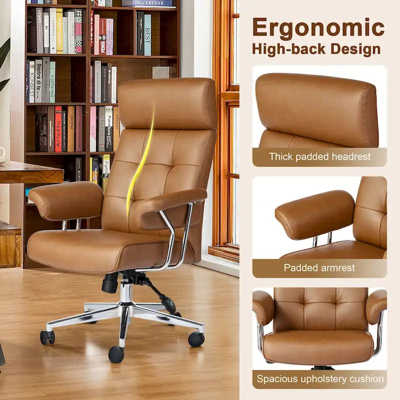 Chaise de bureau ergonomique pivotante à dossier haut, en cuir synthétique couleur camel, capitonnée, réglable, une seule unité
