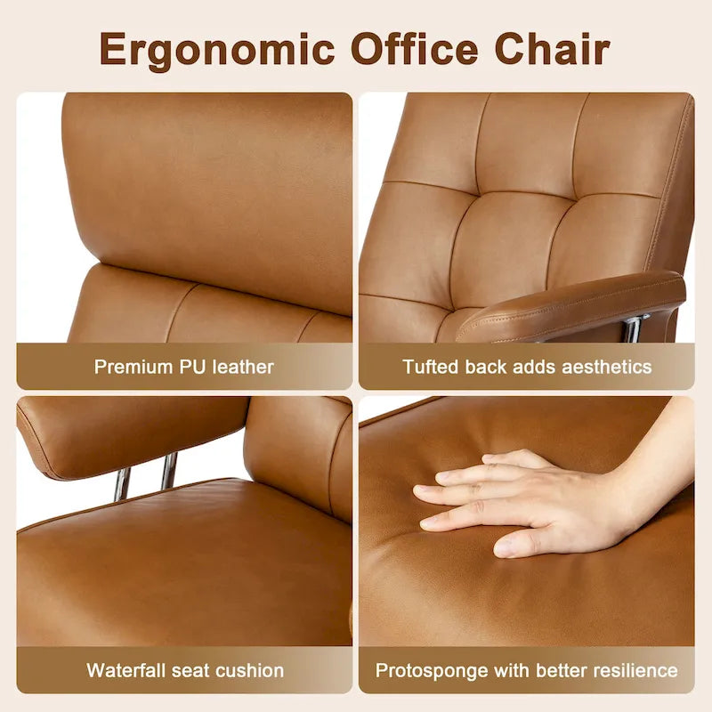 Chaise de bureau ergonomique pivotante à dossier haut, en cuir synthétique couleur camel, capitonnée, réglable, une seule unité