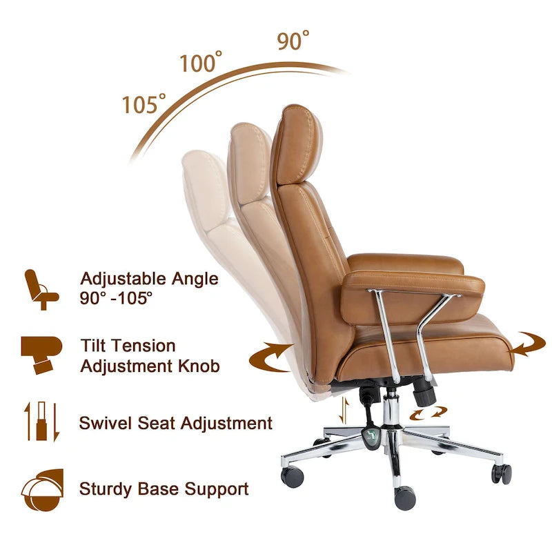 Chaise de bureau ergonomique pivotante à dossier haut, en cuir synthétique couleur camel, capitonnée, réglable, une seule unité