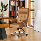 Chaise de bureau ergonomique pivotante à dossier haut, en cuir synthétique couleur camel, capitonnée, réglable, une seule unité