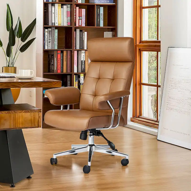 Chaise de bureau ergonomique pivotante à dossier haut, en cuir synthétique couleur camel, capitonnée, réglable, une seule unité