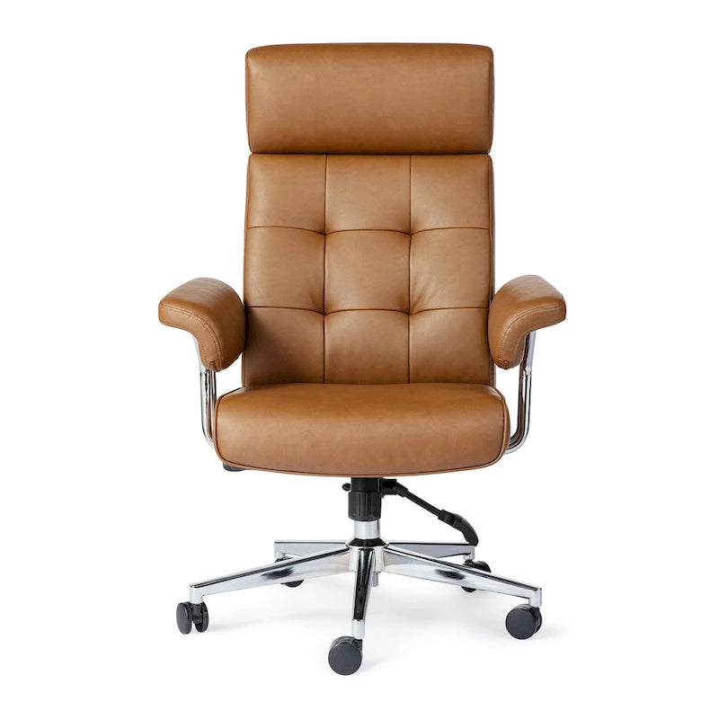 Chaise de bureau ergonomique pivotante à dossier haut, en cuir synthétique couleur camel, capitonnée, réglable, une seule unité