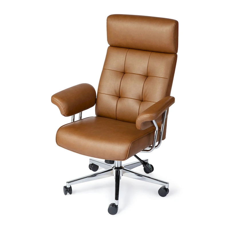 Chaise de bureau ergonomique pivotante à dossier haut, en cuir synthétique couleur camel, capitonnée, réglable, une seule unité