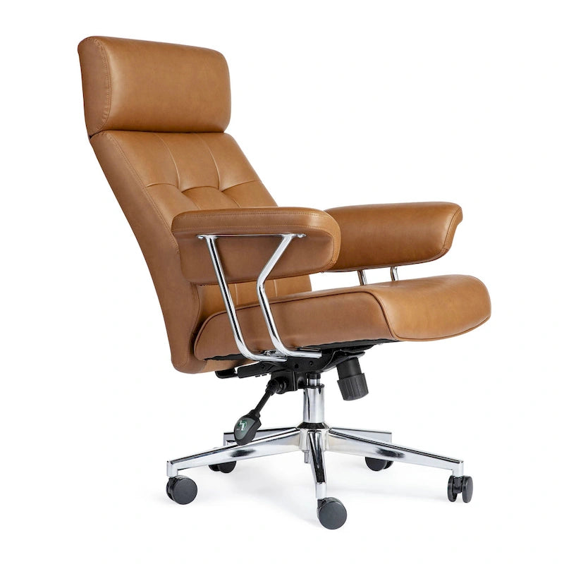 Chaise de bureau ergonomique pivotante à dossier haut, en cuir synthétique couleur camel, capitonnée, réglable, une seule unité
