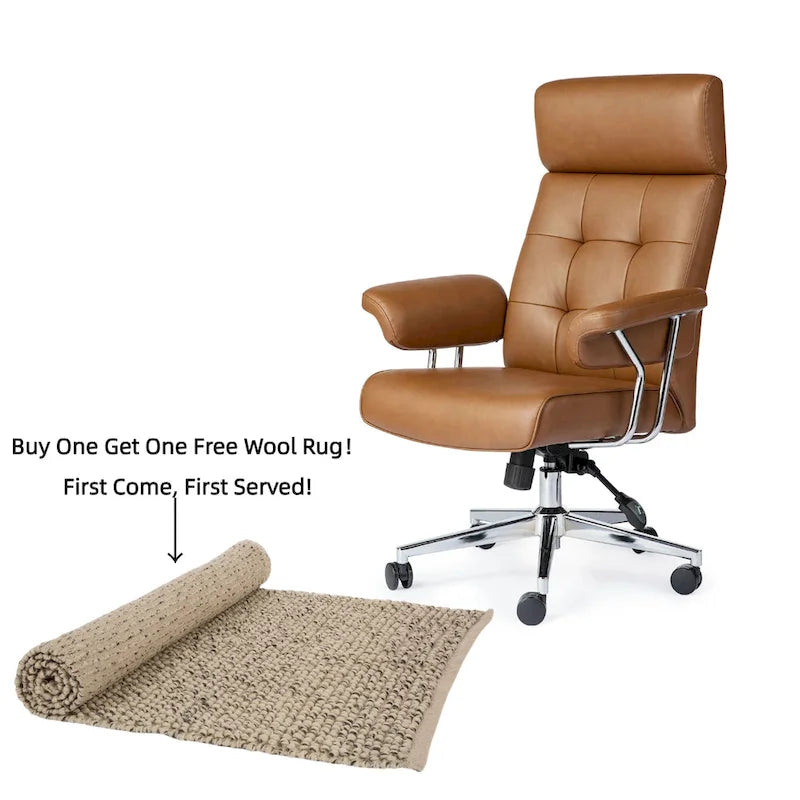Chaise de bureau ergonomique pivotante à dossier haut, en cuir synthétique couleur camel, capitonnée, réglable, une seule unité