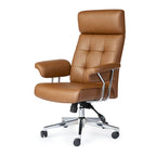 Chaise de bureau ergonomique pivotante à dossier haut, en cuir synthétique couleur camel, capitonnée, réglable, une seule unité