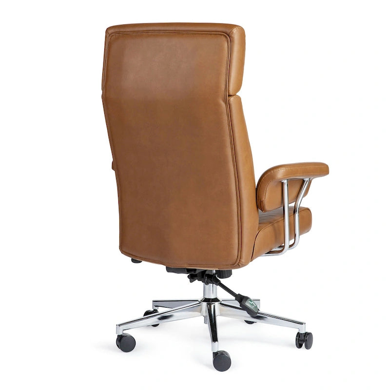 Chaise de bureau ergonomique pivotante à dossier haut, en cuir synthétique couleur camel, capitonnée, réglable, une seule unité