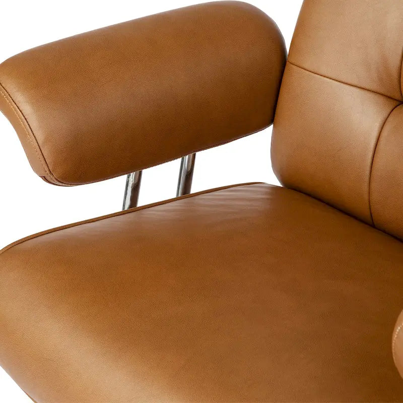 Chaise de bureau ergonomique pivotante à dossier haut, en cuir synthétique couleur camel, capitonnée, réglable, une seule unité