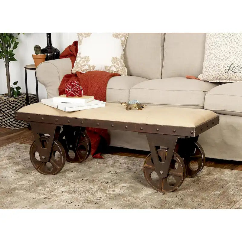 Banc rembourré de style industriel marron et beige à roulettes, 2 places