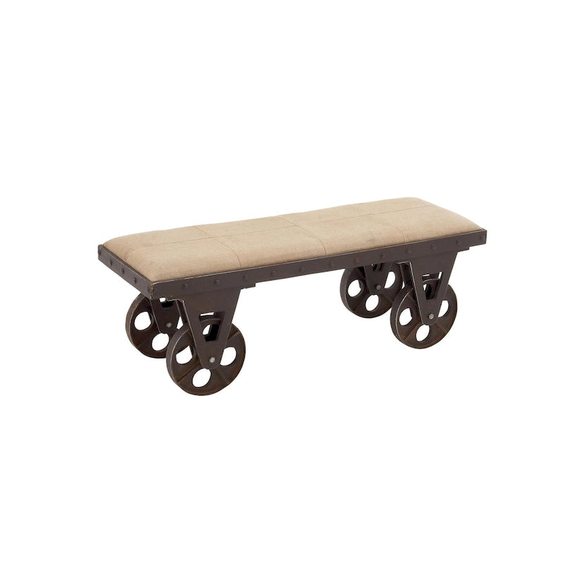 Banc rembourré de style industriel marron et beige à roulettes, 2 places