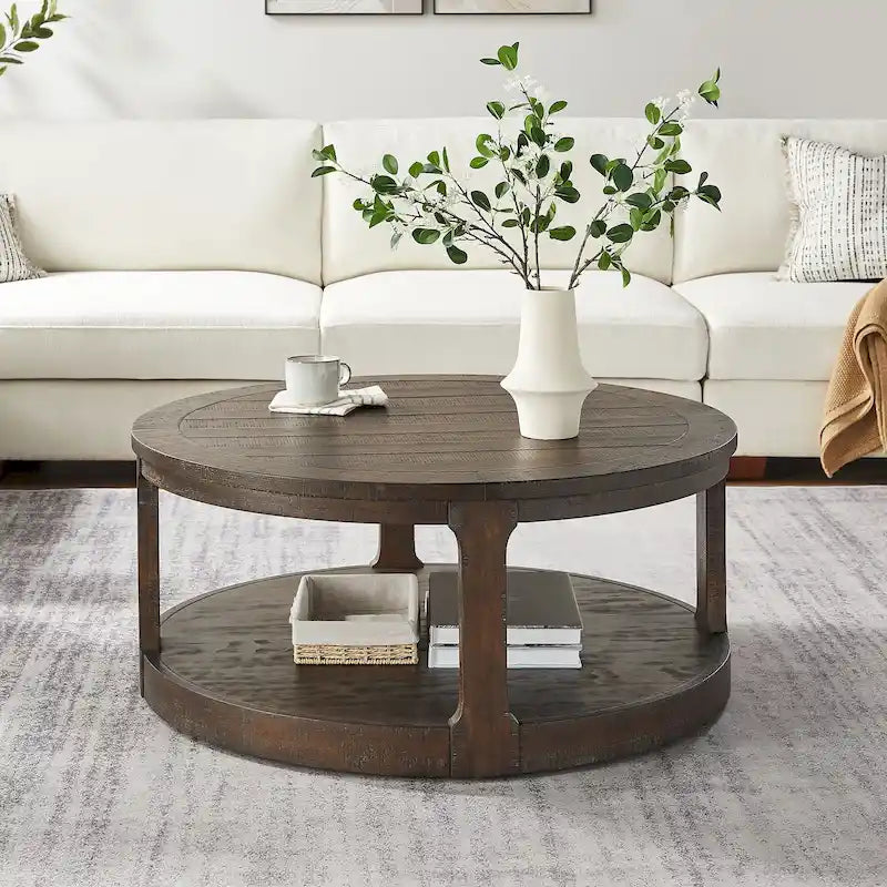 2-Tier Round Coffee Table with Wheels, Dark Brown / Antique Oak, Wood Grain