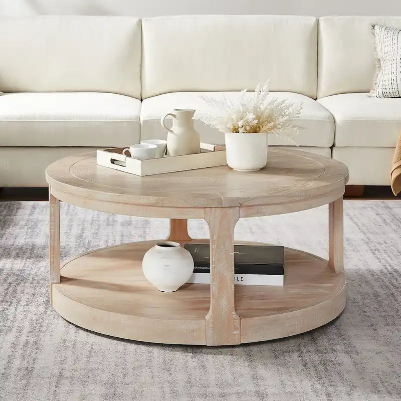Table basse ronde à 2 niveaux avec roulettes, marron foncé / chêne antique, grain de bois