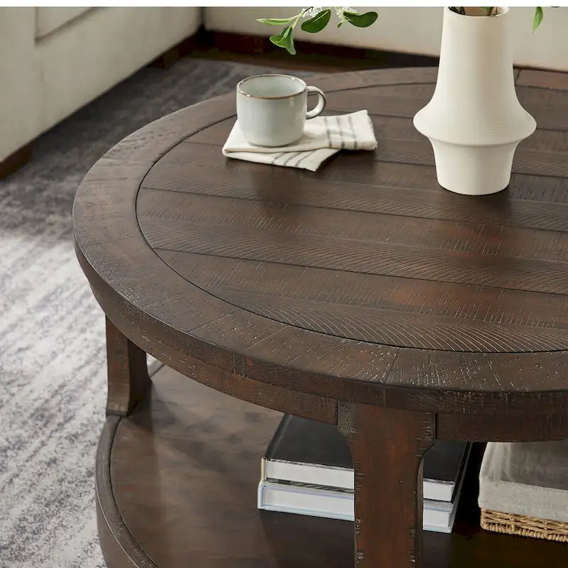 Table basse ronde à 2 niveaux avec roulettes, marron foncé / chêne antique, grain de bois